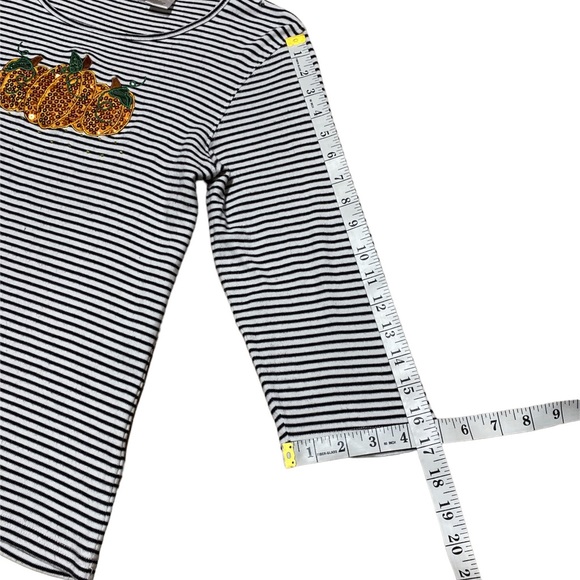 Draper’s & Damon’s Sequin Pumpkin Top Three Quarter Sleeve Shirt Stripes Autumn - Picture 5 of 11
